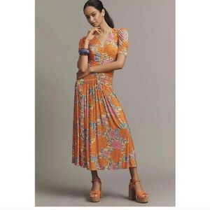 Farm Rio V-Neck Ruched Pleated Flare Midi Dress Short-Sleeve Size S Orange Blue